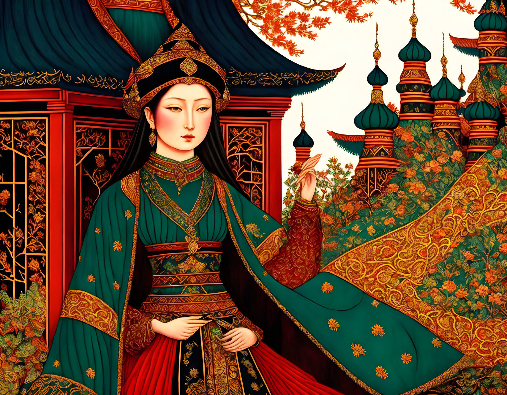 Traditional Chinese Attire Woman Illustration at Autumn Temple