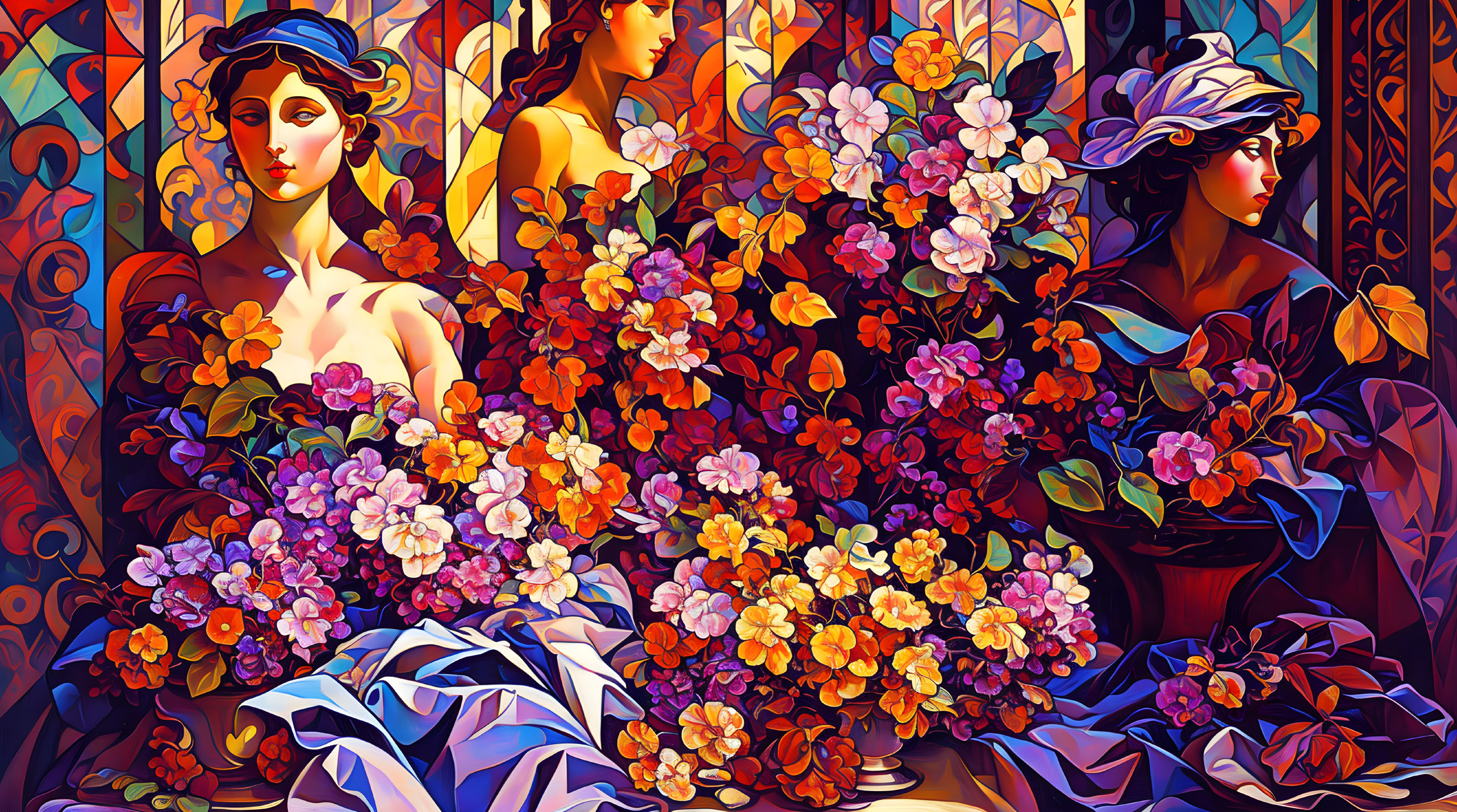 Cubist flowers with women