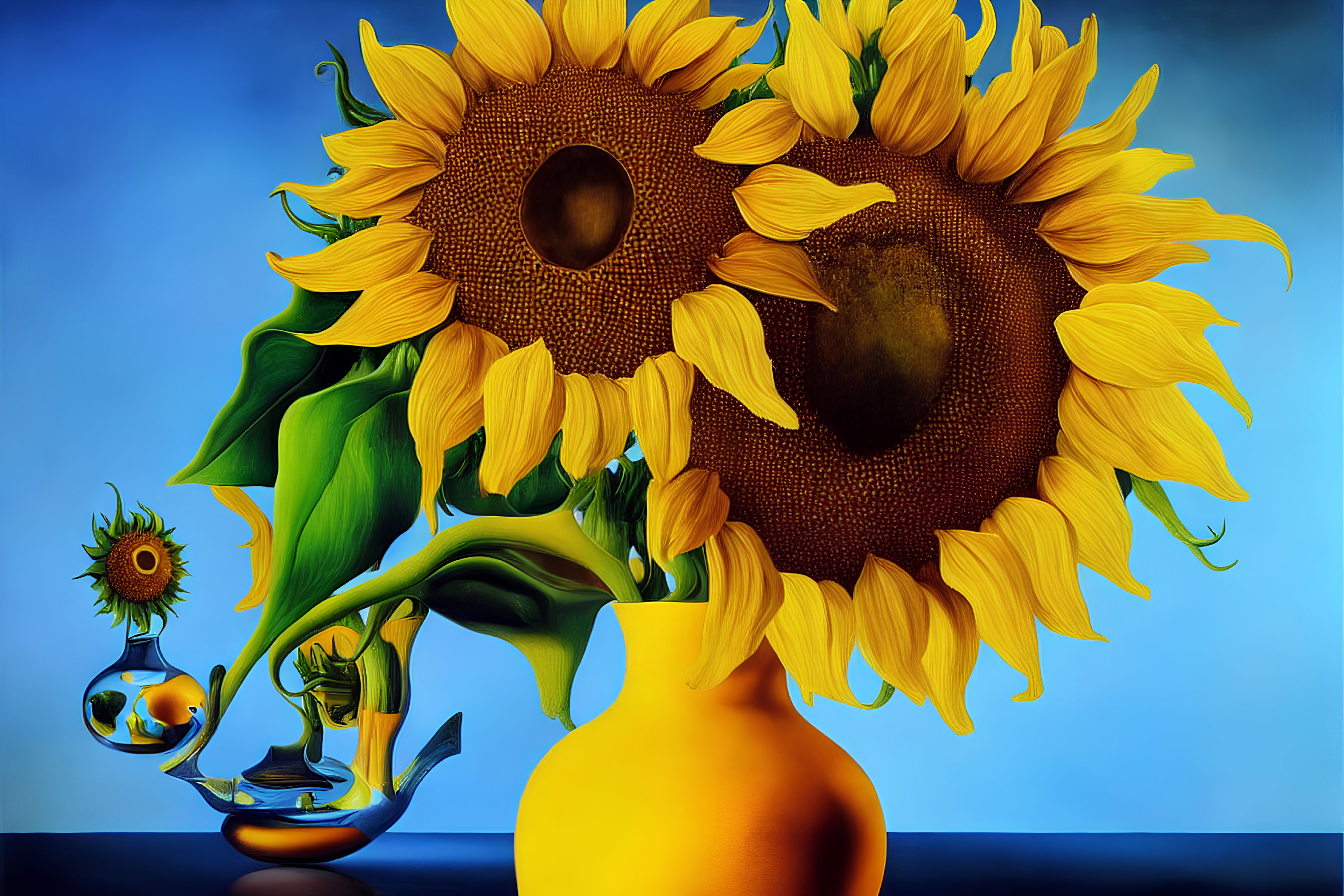 Surrealistic painting of oversized sunflowers and fish on blue gradient.