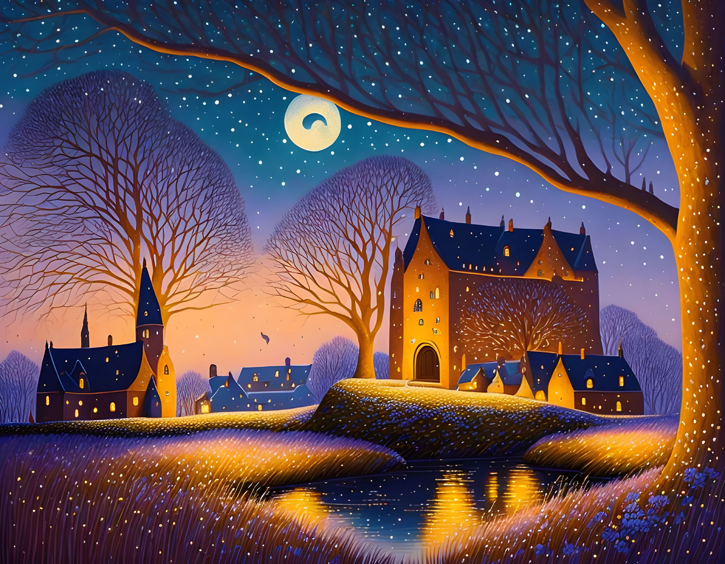 Tranquil moonlit village with cozy houses and bare trees