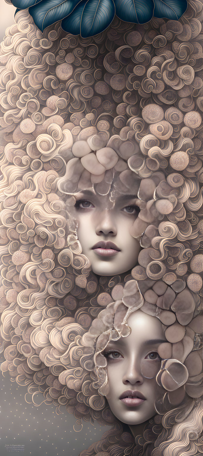 Monochrome digital artwork: Woman's portraits with surreal, patterned hair and floral elements