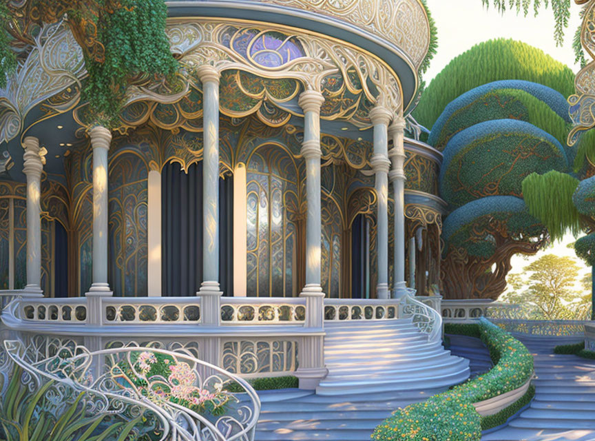 Ornate Art Nouveau Gazebo Surrounded by Stylized Trees