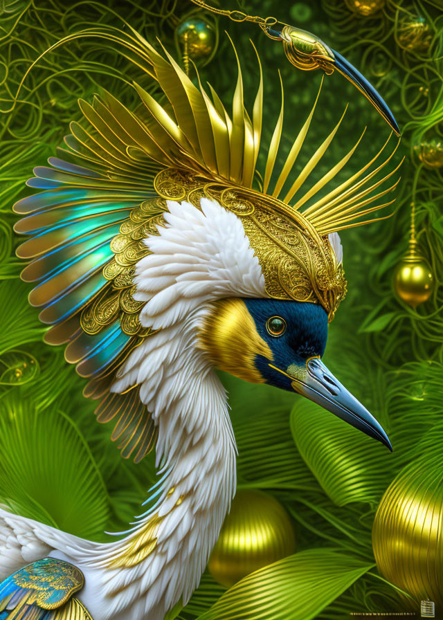 Digitally created ornate bird with golden headpiece on green background.