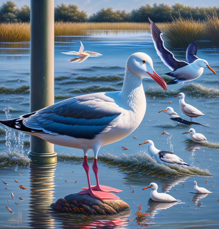Detailed Seagull Illustration by Water with Flying and Resting Birds