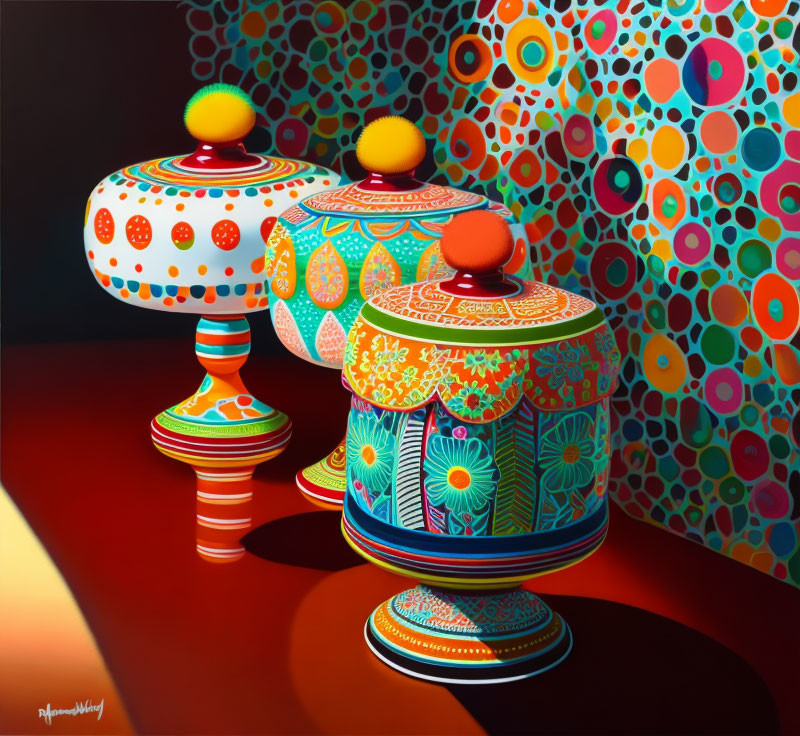Colorful patterned objects on red surface with intricate designs and cast shadows