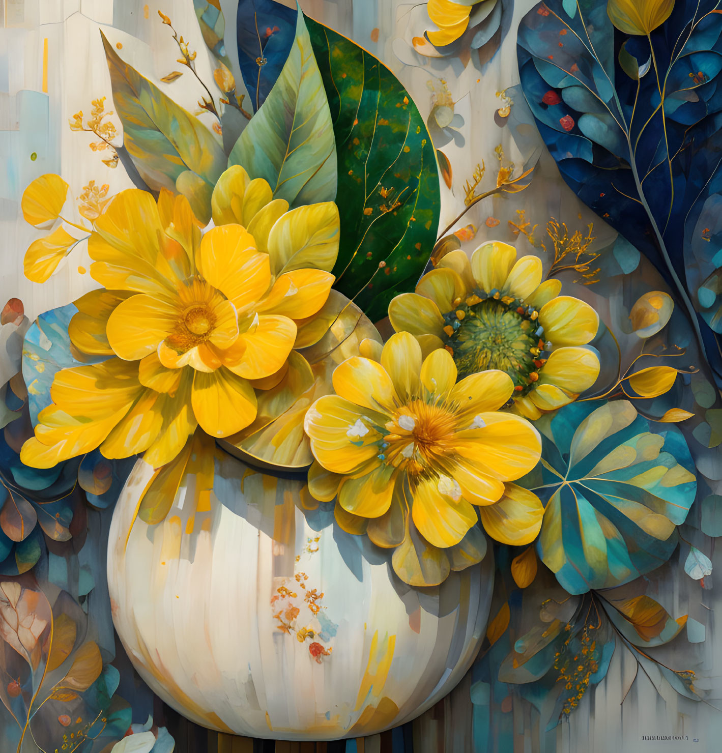 Vibrant painting of golden yellow flowers in a white vase surrounded by lush green and blue foliage
