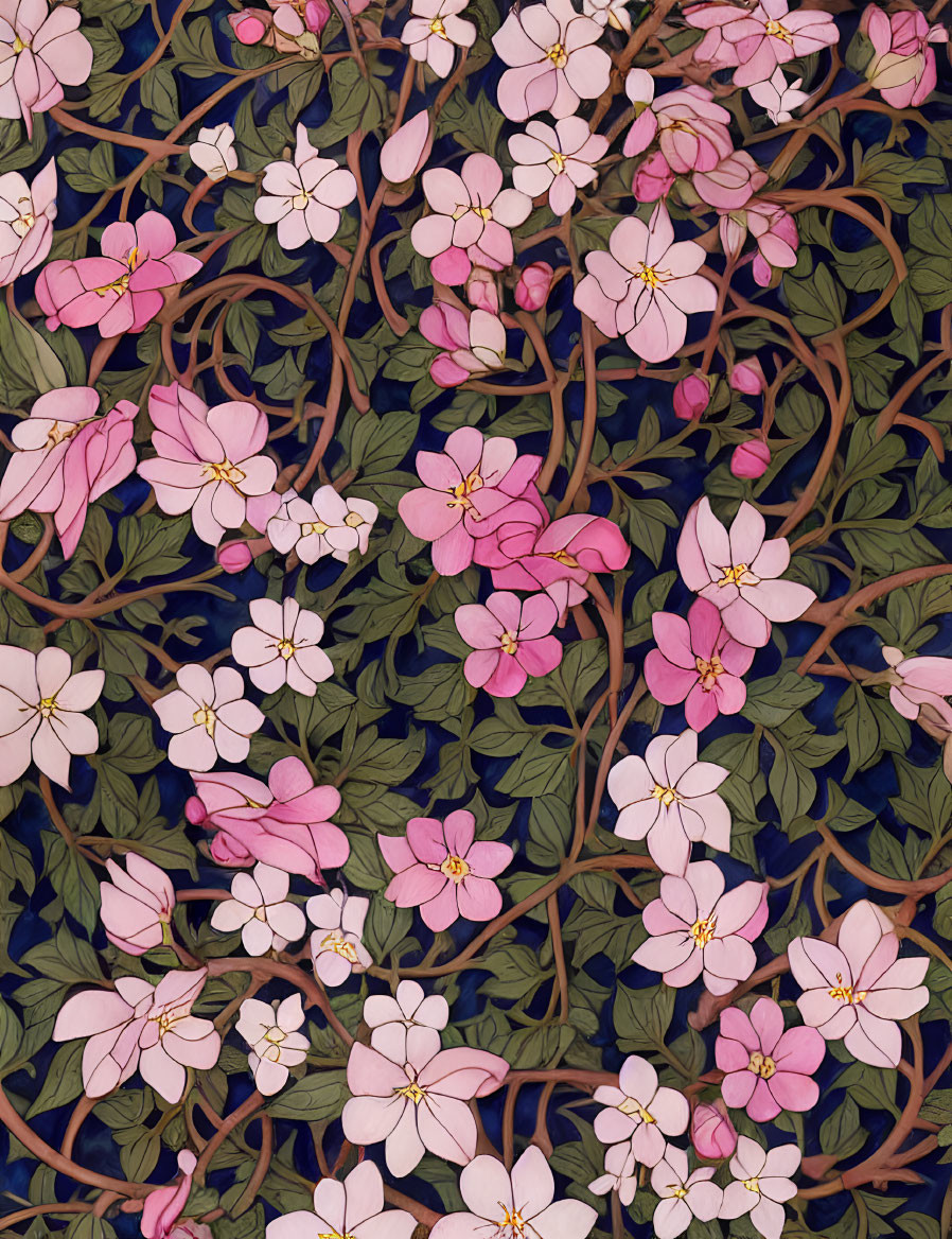 Botanical artwork: Intertwining branches, green leaves, pink and white flowers on blue.