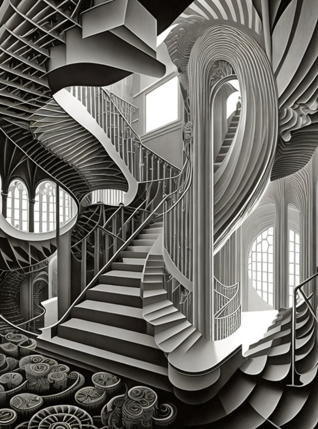Detailed monochrome surreal interior illustration with staircases and arches.