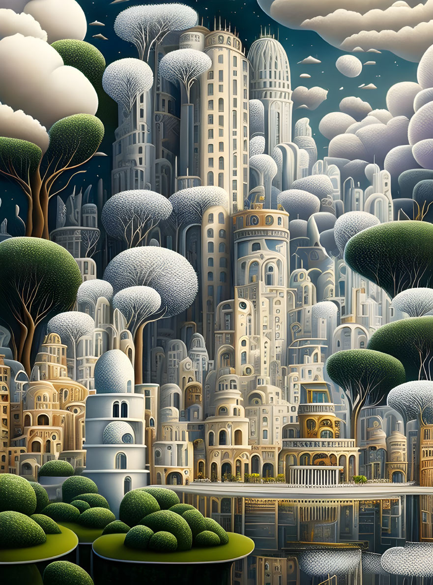 Surreal cityscape merging nature and architecture with tree-shaped buildings under cloudy sky