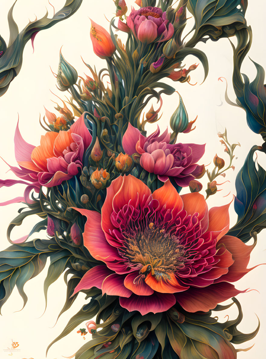 Colorful floral illustration with oversized flowers and a peacock motif