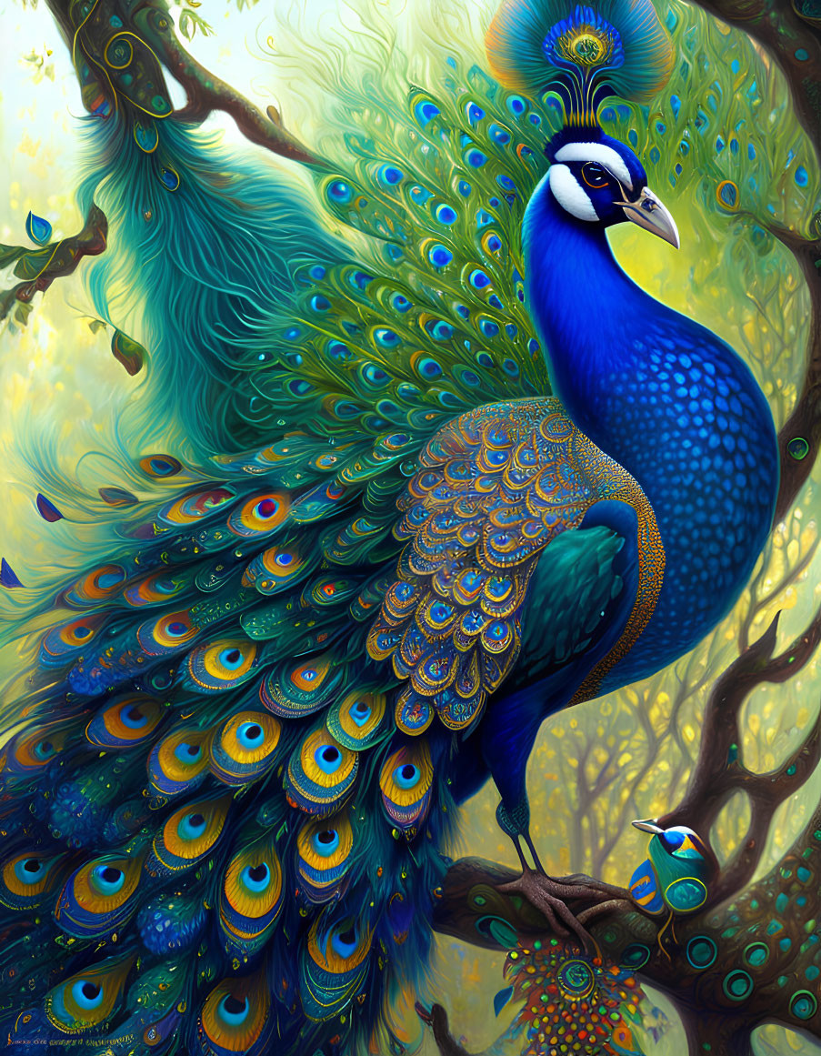 Colorful digital artwork: Peacock displaying vibrant blues and greens with intricate patterns, accompanied by a smaller