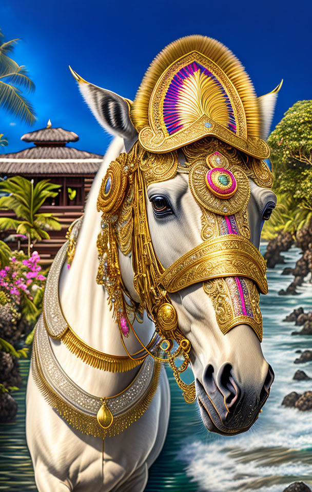 Ornate white horse with golden accessories in tropical setting