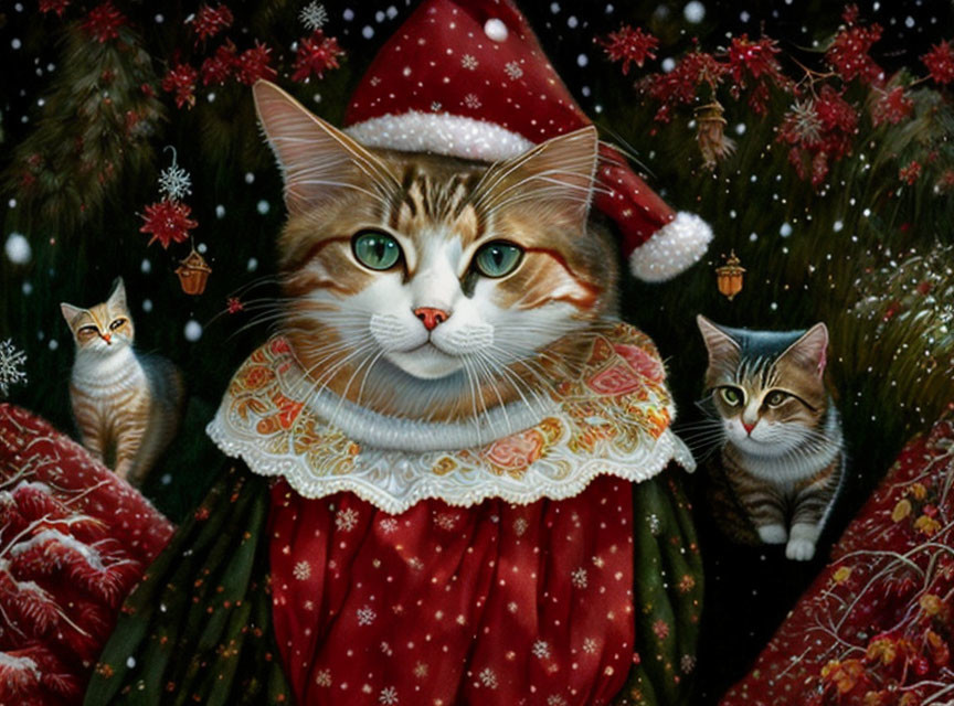 Festive cat artwork with Santa hat, red cloak, Christmas trees, snowfall