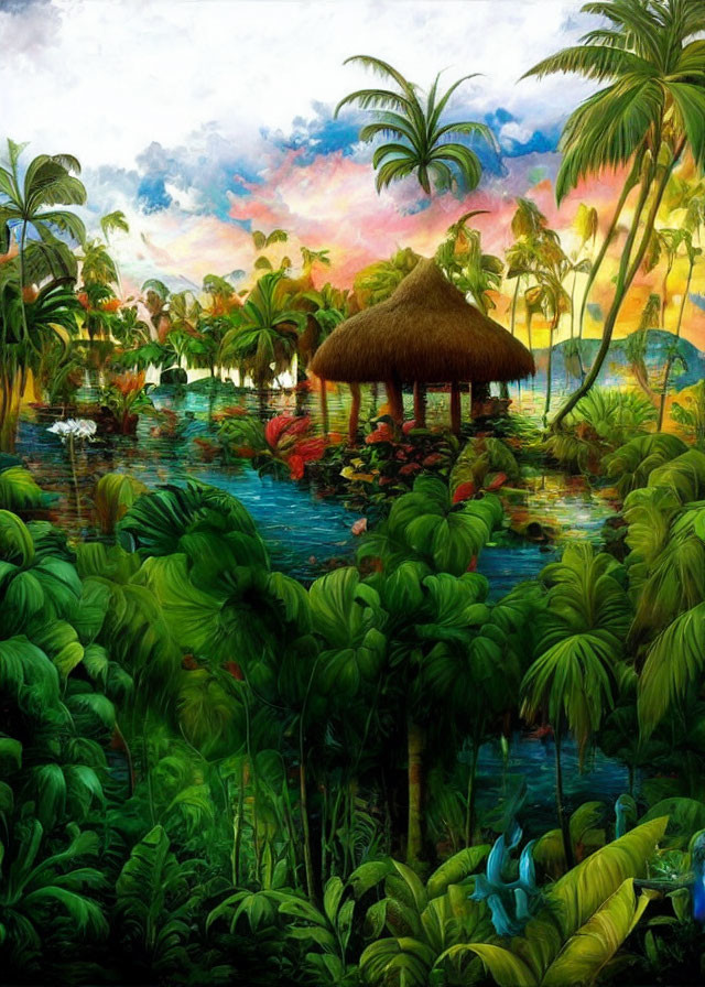 Tropical scene with lush greenery, thatched hut, colorful sky, and wildlife.