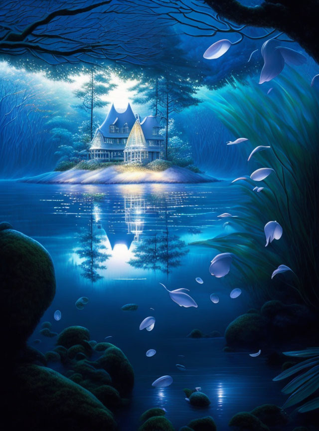 Fantasy illustration of illuminated house by tranquil lake