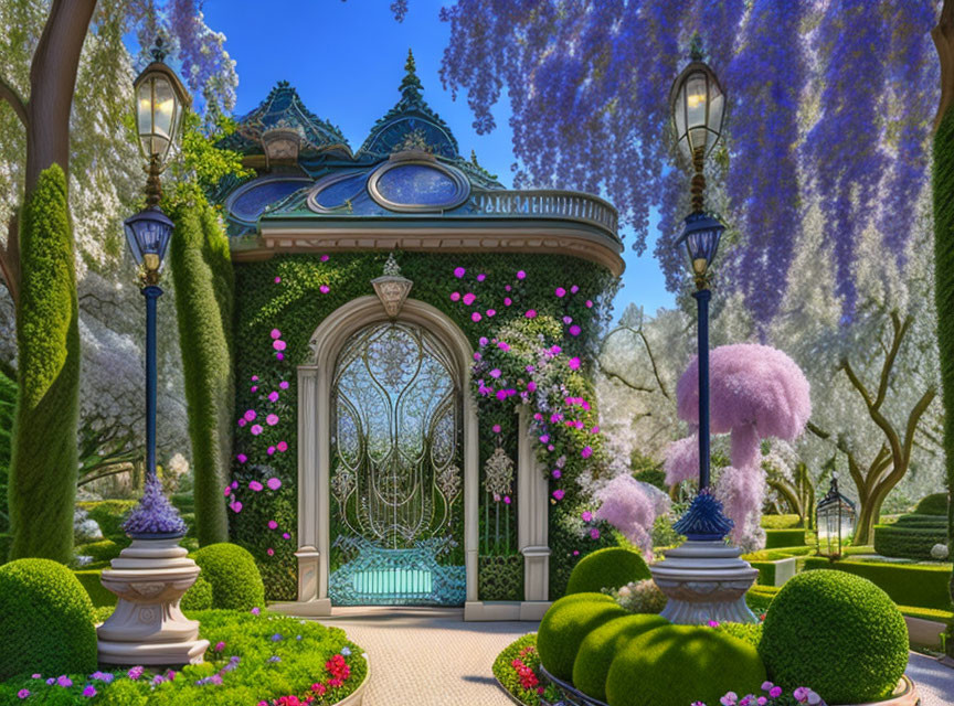 Intricate garden gate framed by vibrant wisteria and blooming flowers