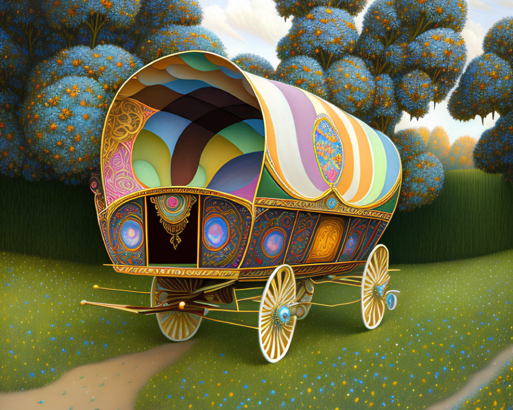 Vibrant caravan with intricate designs on grassy path lined with blue trees and yellow flowers