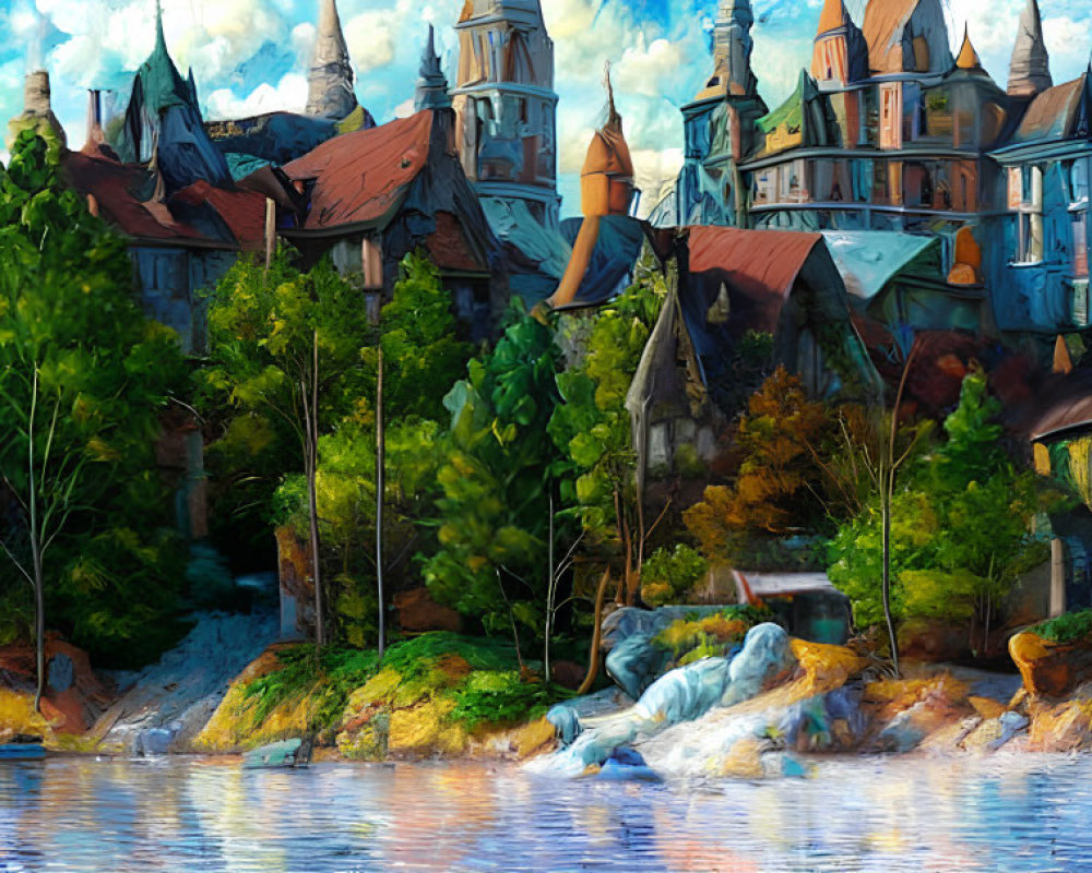 Fantasy-style village with waterfall and lake in lush surroundings