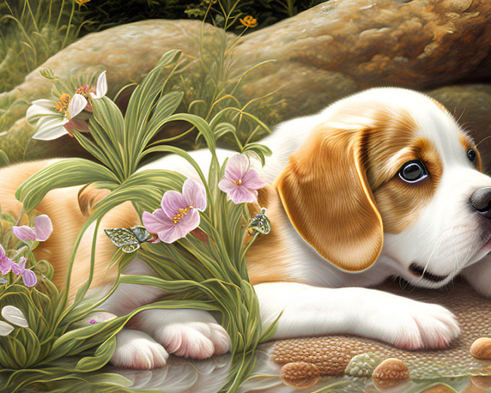 Beagle puppy surrounded by flowers, rocks, and butterflies