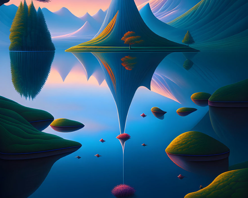 Surreal landscape with spire-like mountain, rolling hills, trees, and pink orbs under twilight