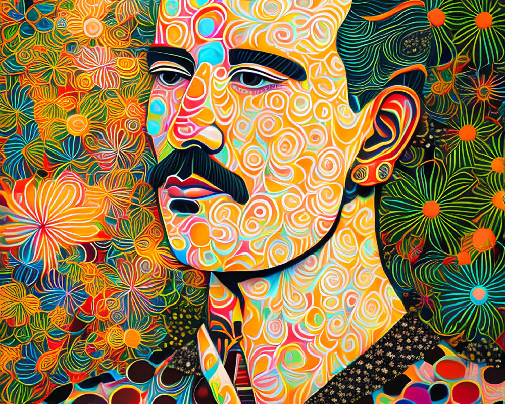 Colorful Psychedelic Portrait with Mustached Figure on Patterned Background
