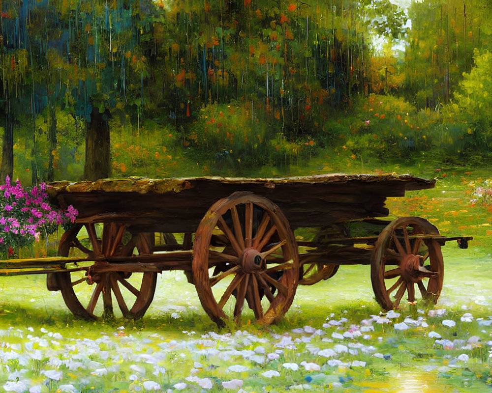 Rustic wooden cart in flower-filled meadow under tree canopy