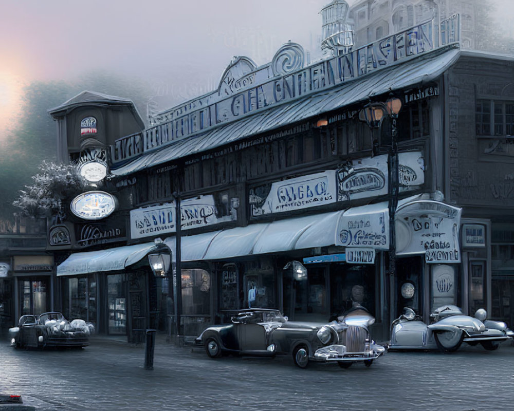 Vintage grayscale image of classic cars on old-fashioned street at dusk