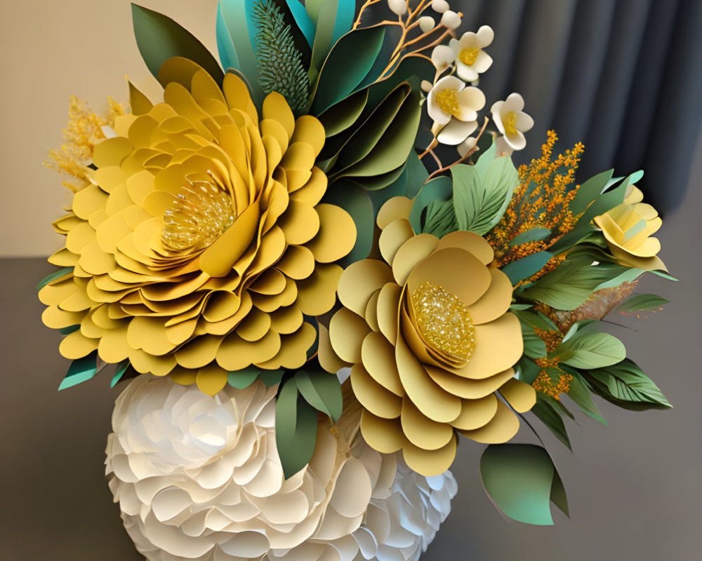 3D-rendered spherical white vase with paper-cut flowers in yellow and green on beige surface
