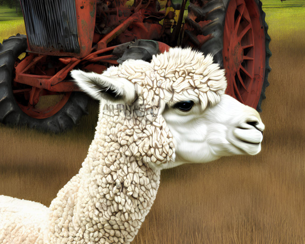 White Alpaca and Vintage Red Tractor in Green Field