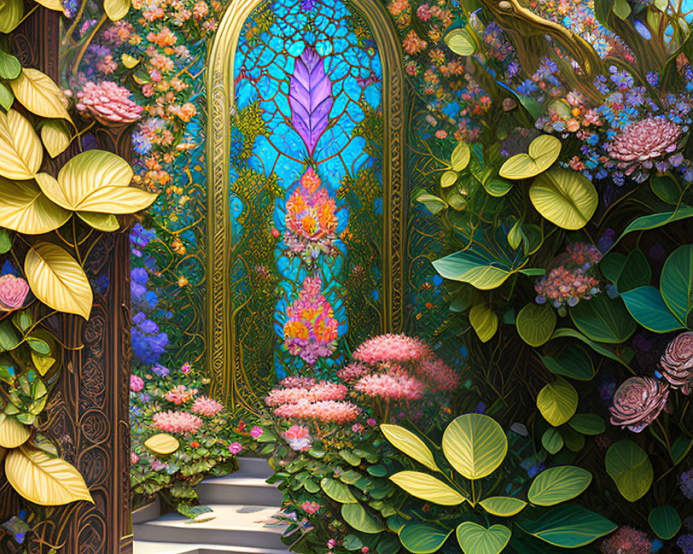 Golden door with stained glass in lush garden with blooming flowers