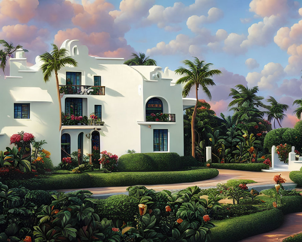 White Villa Surrounded by Greenery and Blooming Flowers at Sunset