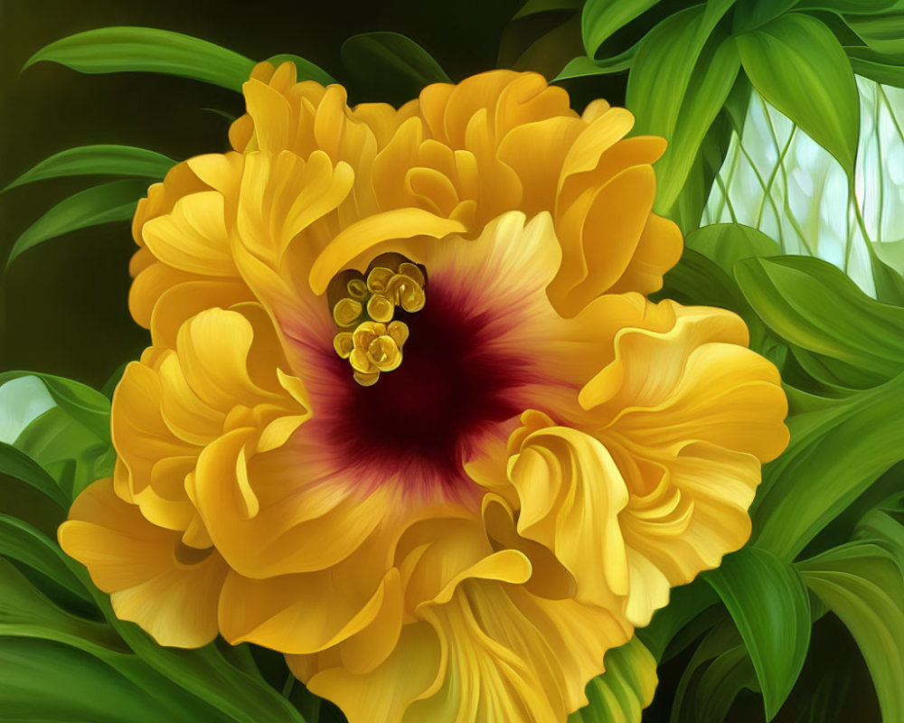 Colorful digital artwork: Yellow hibiscus flower with red center and green leaves.
