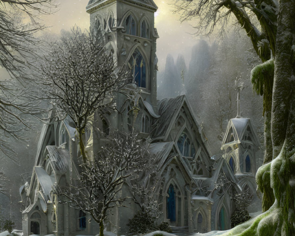 Snow-covered gothic church in twilight snowfall