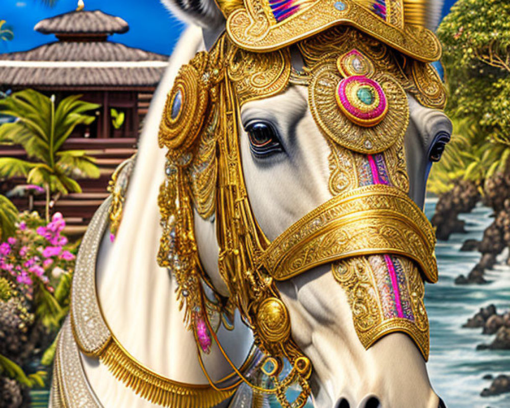 Ornate white horse with golden accessories in tropical setting