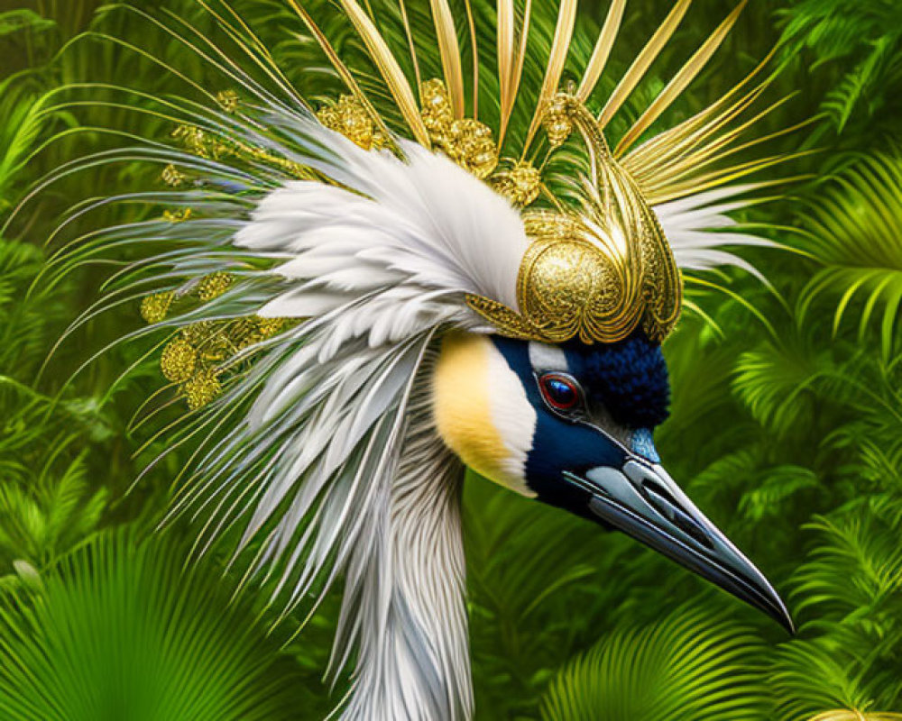 Striking white bird with golden headpiece in lush green setting
