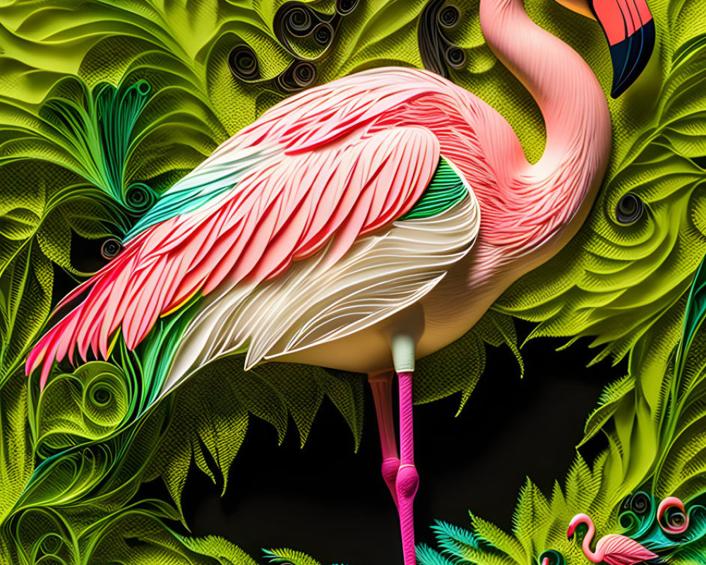 Vivid digital artwork: Pink flamingo with green foliage patterns