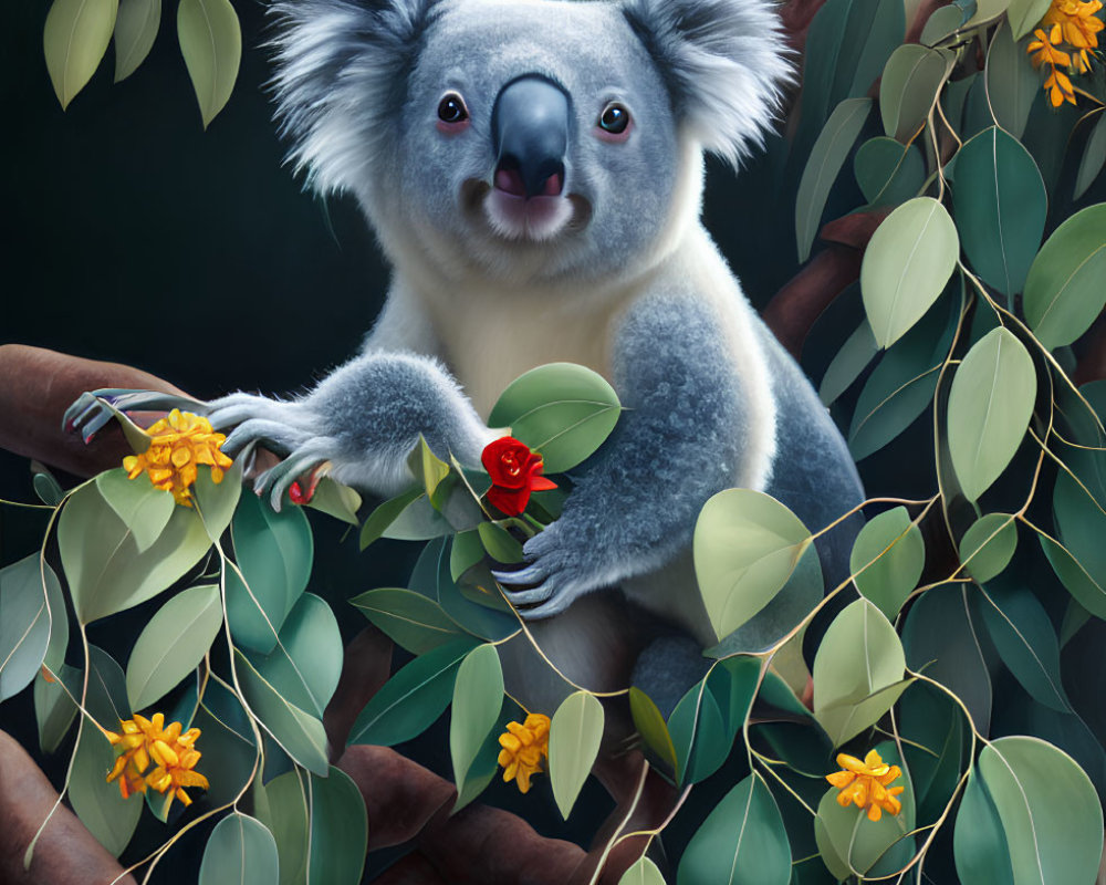 Koala holding red rose in lush green setting