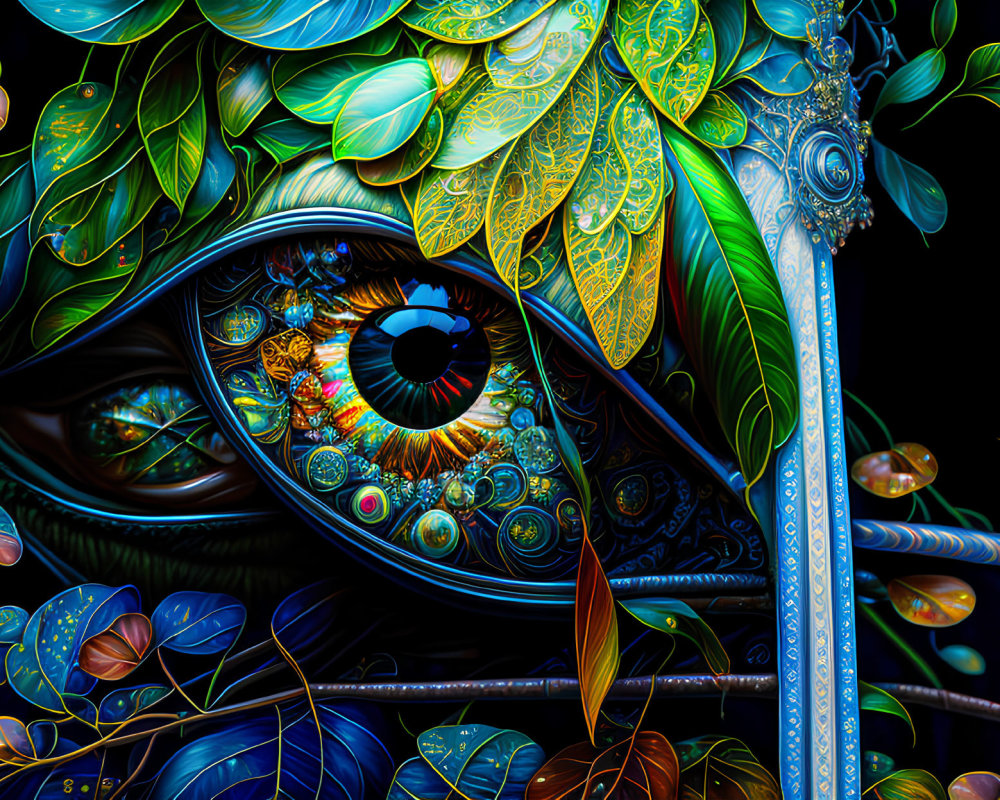 Colorful Eye Artwork with Metallic and Jewel-like Textures on Dark Background