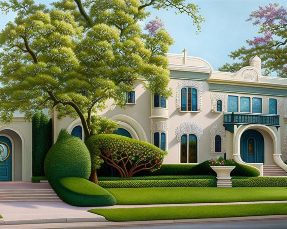 Stylized illustration of grand white mansion with lush greenery