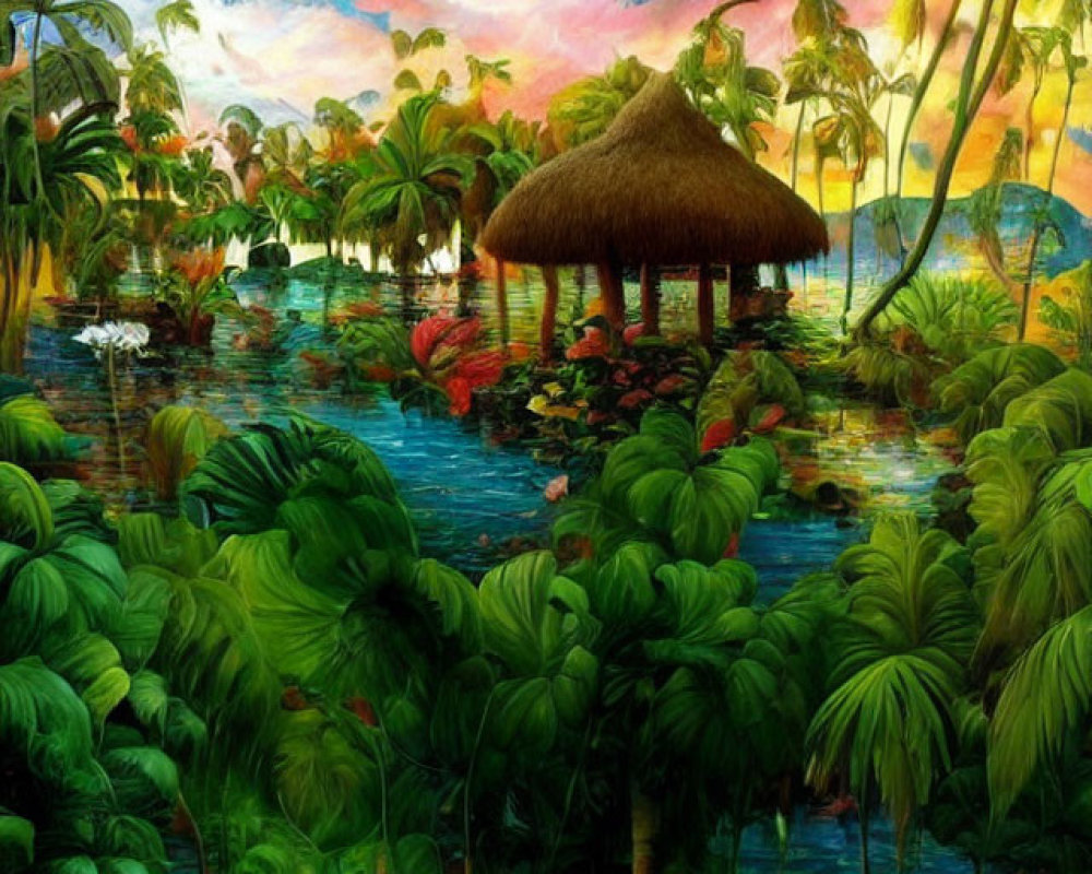 Tropical scene with lush greenery, thatched hut, colorful sky, and wildlife.
