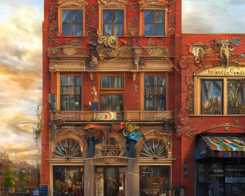 Three-story red brick building with balconies and bicycles at sunset