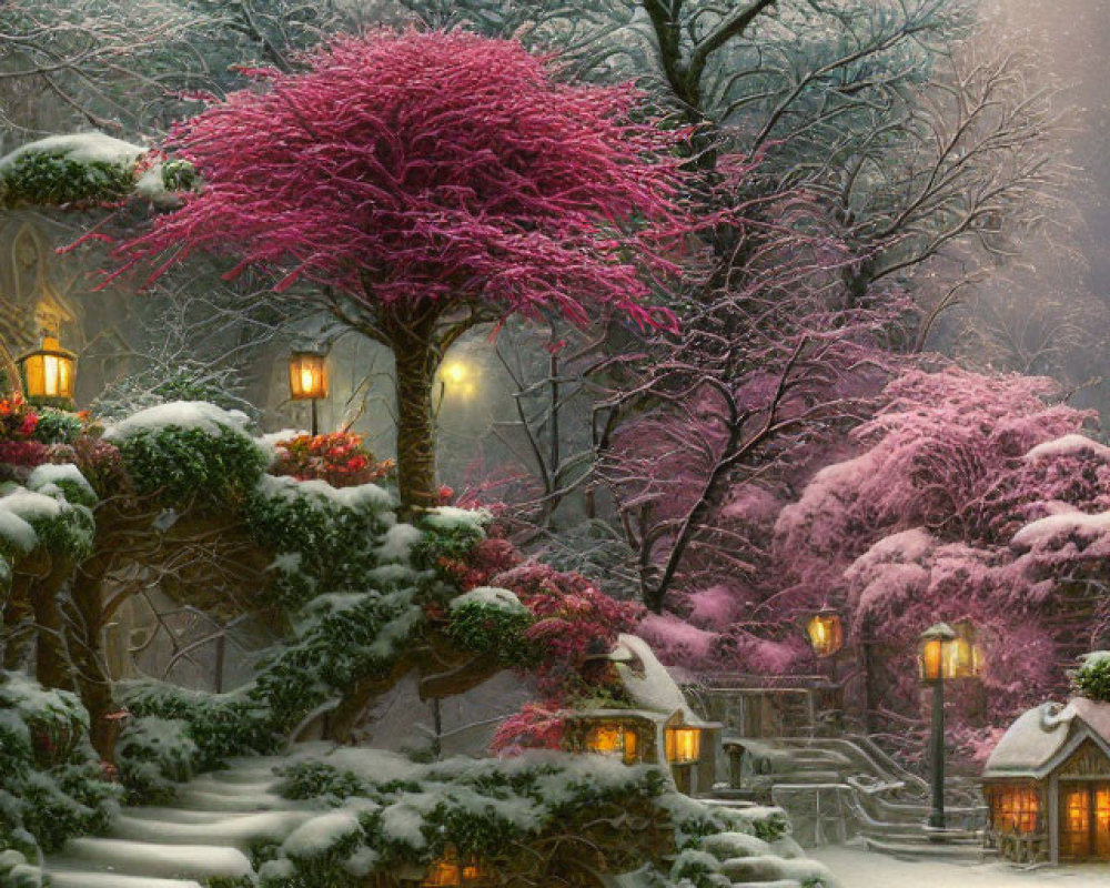 Snow-covered houses and pink snow-dusted trees in a whimsical winter scene