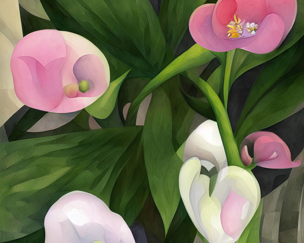 Pink and White Calla Lilies Illustration on Textured Grey Background
