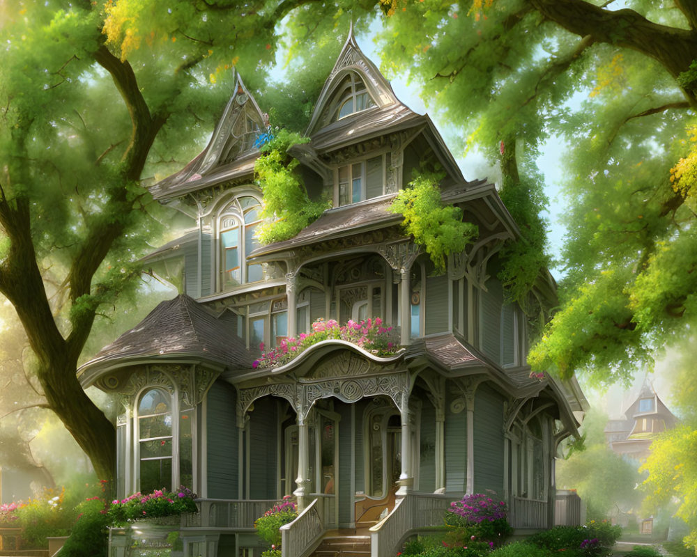Victorian-style house in lush greenery with blooming flowers and sunlight.