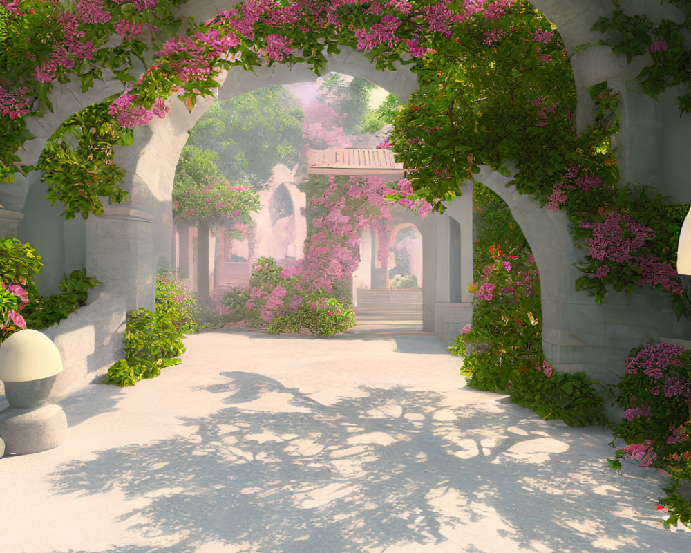Stone Archway Covered in Pink Flowers Overlooking Sunlit Garden Path