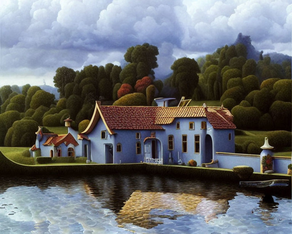 Tranquil painting of blue-roofed house by calm lake