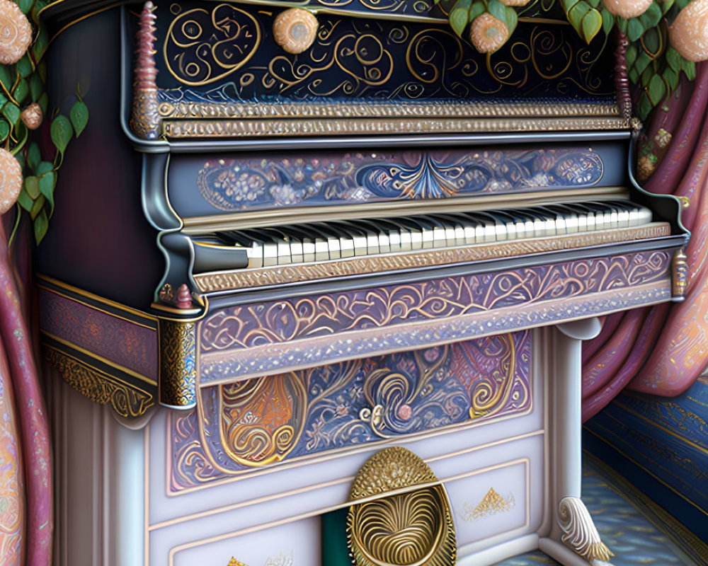 Ornate Decorated Piano with Intricate Designs and Floral Backdrop