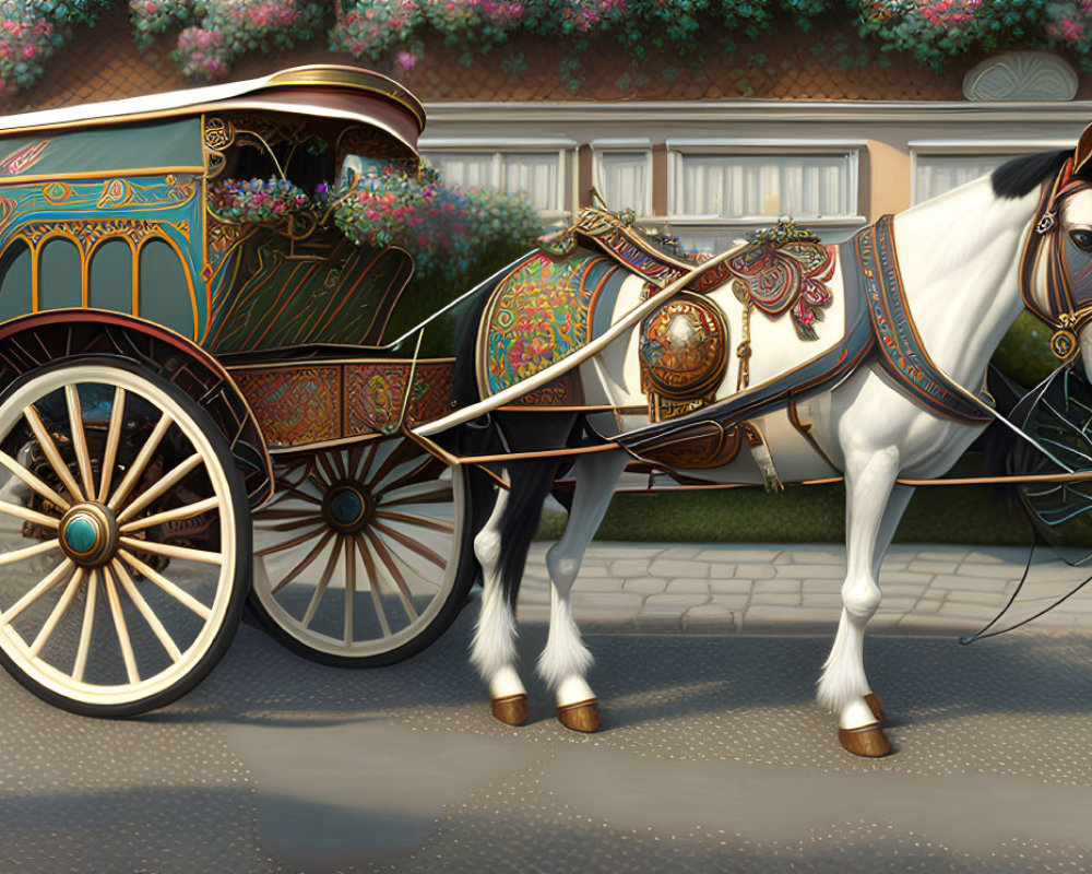 Ornate horse-drawn carriage on cobblestone street with white and brown horse