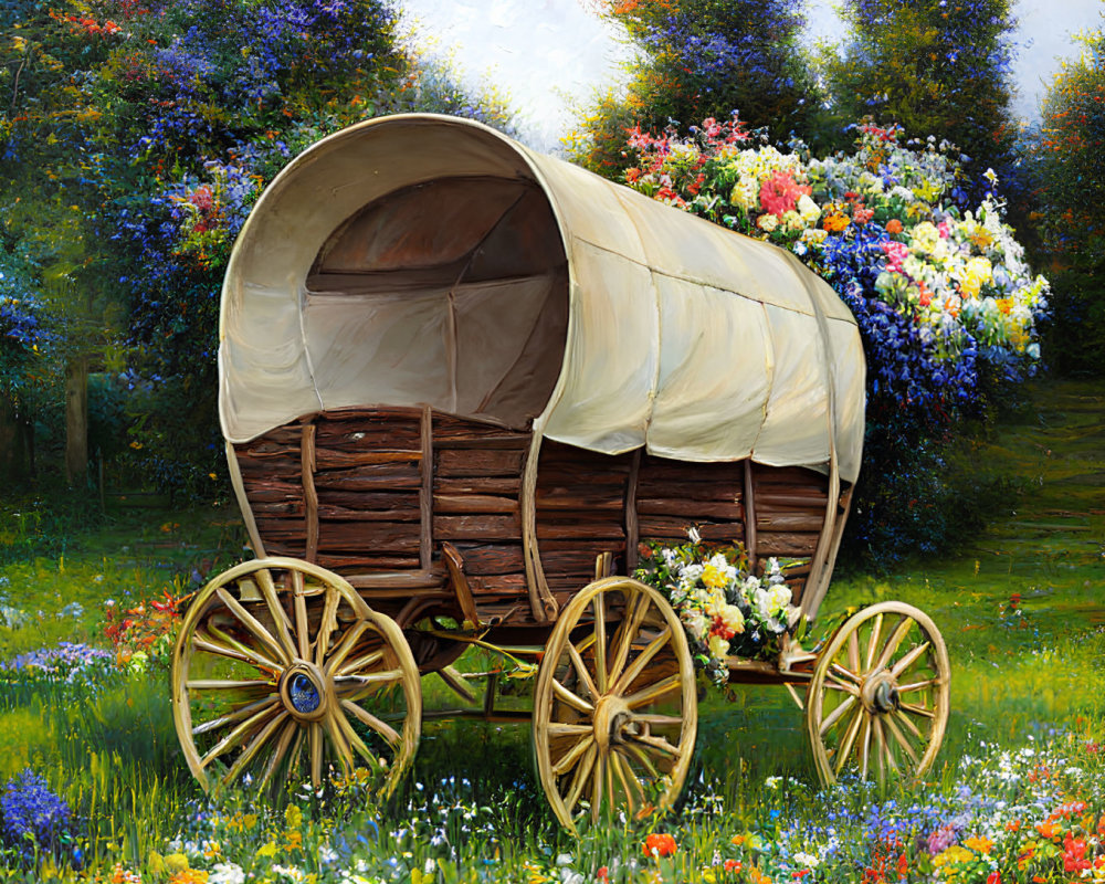 Vibrant painting of covered wagon in flower-filled meadow