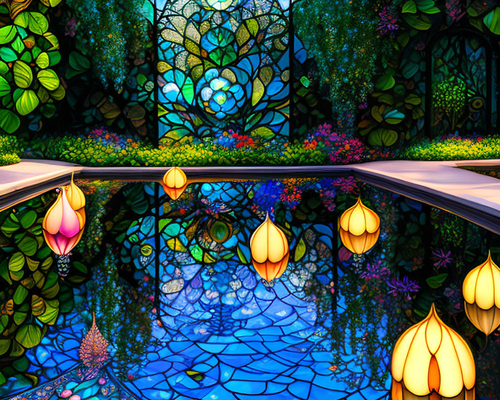 Colorful Stained Glass Art of Lush Garden and Pool